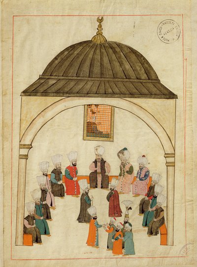 सुश्री सिसोगना 1971, टॉपिकापी पैलेस, कांस्टेंटिनोपल, c.1580 में इम्पीरियल हॉल का चित्रण करते हुए &39;मेमरी टर्सचे&39; से लघु द्वारा इस्लामी स्कूल