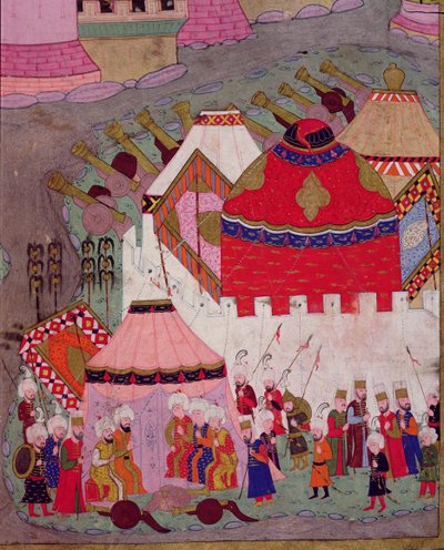 सुलेमान I (1494-1566) द्वारा विएना के TSM H.1524 घेराबंदी, 1529 में, लोकमान द्वारा &39;हुनरनाम&39; से, ओटोमन शिविर का विस्तार, 1588 द्वारा इस्लामी स्कूल