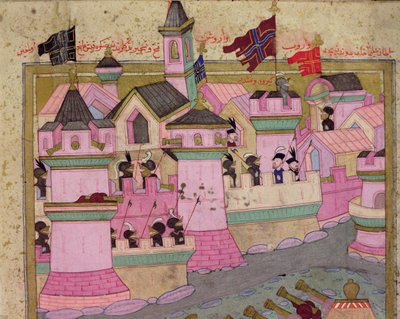 सुलेमान I (1494-1566) द्वारा विएना का TSM H.1524 घेरा, 1529 में लोकमान द्वारा &39;हुनरनाम&39; से, विएना का विस्तार, 1588 द्वारा इस्लामी स्कूल