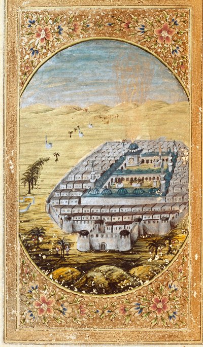 मक्का (ला मेक्के), मुस्लिम तीर्थस्थल और माउंट अराफात (अराफा), सऊदी अरब के मैदानों का दृश्य। कुरान के एक संस्करण से लिया गया पृष्ठ द्वारा इस्लामी स्कूल