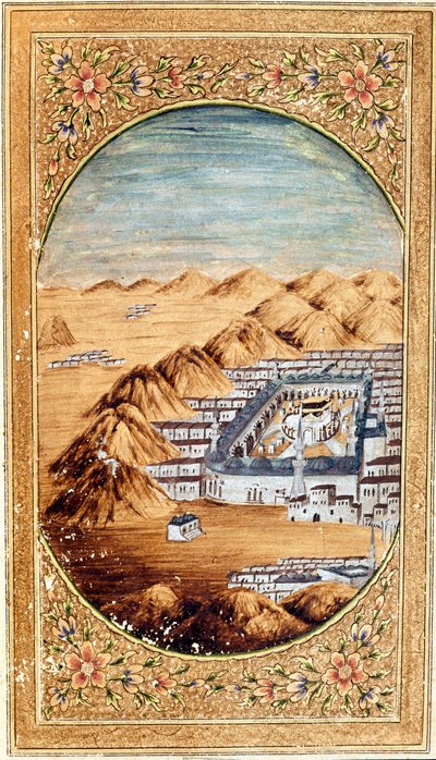 मक्का (ला मेक्के), मुस्लिम तीर्थस्थल और माउंट अराफात (अराफा), सऊदी अरब के मैदानों का दृश्य। कुरान के एक संस्करण से लिया गया पृष्ठ द्वारा इस्लामी स्कूल