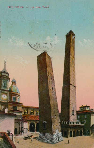 बोलोग्ना, इटली में दो टावर। 1913 में पोस्टकार्ड भेजा गया। द्वारा इतालवी फोटोग्राफर