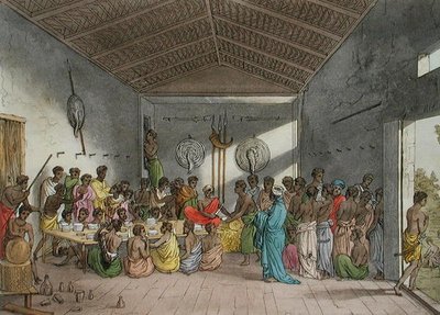 एबीसिनिया में एक भोज, जूल्स फेरारियो द्वारा 'ले कॉस्ट्यूम एंसीन एट मॉडर्न' से प्लेट 11, प्रकाशित c.1820s-30s (कलर लिथो) द्वारा इतालवी स्कूल