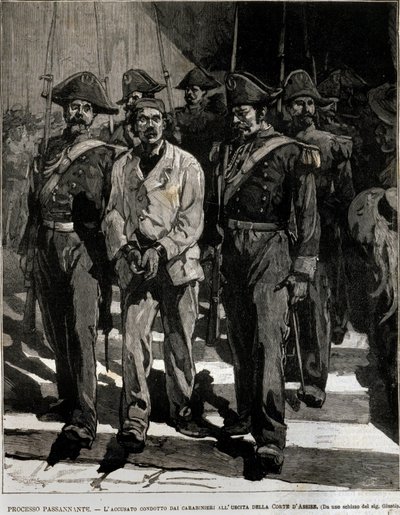 1878 में नेपल्स में इतालवी राजा अम्बर्टो I (हम्बर्ट I) पर हमले को अंजाम देने वाले जियोवानी पासनंटे (1849-1910) की गिरफ्तारी। इस घटना ने कवि जियोवानी पास्कोली (1855-1912) को एक ओड में प्रेरित किया। 19वीं सदी की नक्काशी द्वारा इतालवी स्कूल