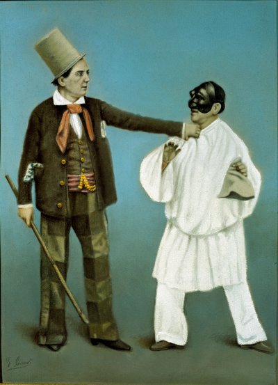 कॉमेडिया डेल'अर्ट: कॉमेडियन रैफेल डि नेपोली (1815-1878) और एंटोनियो पेटिटो (1822-1870) नेपल्स में सैन कार्लो थिएटर में एक प्रदर्शन के दौरान पोलिचिनेल (पुलसिनेला) की भूमिका में। 19वीं सदी के नेपल्स का लिथोग्राफ, सैन मार्टा का राष्ट्रीय संग्रहालय द्वारा इतालवी स्कूल