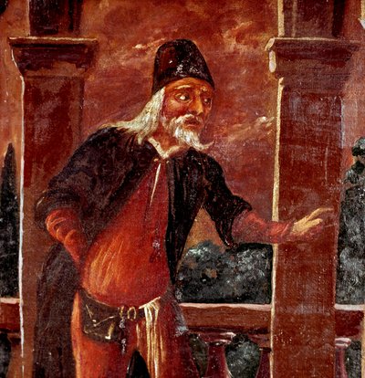 Commedia dell'arte: "" पैंट (पैंटालोन) के चरित्र का प्रतिनिधित्व, इतालवी कॉमेडी का मुखौटा"" 18 वीं शताब्दी की बेनामी पेंटिंग। लाइब्रेरी और म्यूजियो टीट्रेल डेल बर्कार्डो रोम द्वारा इतालवी स्कूल