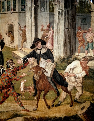 Commedia dell'arte: "" अर्लेचिनो (हार्लेक्विन, हार्लेक्विन), बैलनज़ोन (डॉक्टर), पुलसिनेला (पॉलीचिनेल), एक फ़ार्स सीन के दौरान इतालवी कॉमेडी के मुखौटे के पात्रों का प्रतिनिधित्व"" 18 वीं शताब्दी की बेनामी पेंटिंग। पुस्तकालय और म्यूजि द्वारा इतालवी स्कूल