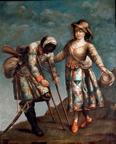 Commedia dell'arte: इतालवी कॉमेडी से हार्लेक्विन (हार्लेक्विन, अर्लेचिनो) और कोलम्बाइन के पात्रों का प्रतिनिधित्व। अठारहवीं शताब्दी की अनाम पेंटिंग। लाइब्रेरी और म्यूजियो टीट्रेल डेल बर्कार्डो रोम द्वारा इतालवी स्कूल
