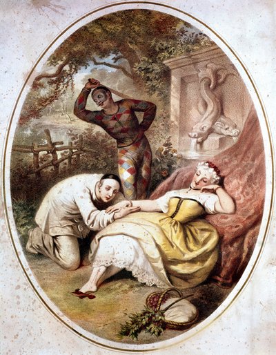 Commedia dell'arte: "" पिय्रोट के पात्रों का प्रतिनिधित्व (पेड्रोलिनो से प्रेरित) कोलंबिन के साथ प्यार में और हार्लेक्विन (हार्लेक्विन, अर्लेचिनो), इतालवी कॉमेडी के मुखौटे द्वारा धमकी दी गई"" 19 वीं शताब्दी की लिथोग्राफी। लाइब्रेरी  द्वारा इतालवी स्कूल