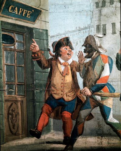 Commedia dell'arte: "" हार्लेक्विन (हार्लेक्विन, अर्लेचिनो) और जियानडुजा के पात्र, लोकप्रिय इतालवी थिएटर के मुखौटे, एक कैफे में प्रवेश करते हैं"" कॉम्पैगनिया लुपी के एक कठपुतली शो के लिए एक पोस्टर का विवरण। अनाम पेंटिंग। १९वीं सदी ब द्वारा इतालवी स्कूल