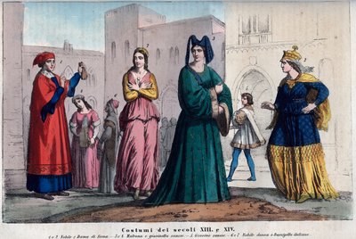 XIII और XIV सदी के बीच सिएना की वेशभूषा - XIII और XIV सदी के बीच सिएना में कपड़े - "" Usi e Costumes di Tutti II Popoli dell'Universo से उत्कीर्णन। वह सरकार का इतिहास है, कानूनों का, मिलिशिया का, सभी के धर्म का द्वारा इतालवी स्कूल