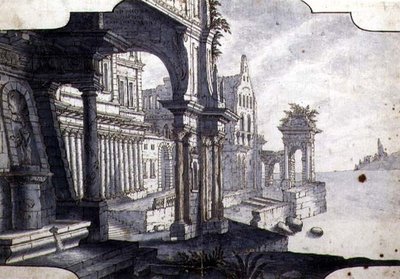 स्टेज सेट के लिए डिज़ाइन, c.1750 (कागज पर कलम और स्याही और पानी के रंग का) द्वारा इतालवी स्कूल
