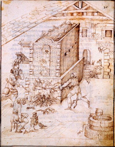 अर्ली किचन फायरिंग, c.1630s (पांडुलिपि वेल्लम) द्वारा इतालवी स्कूल