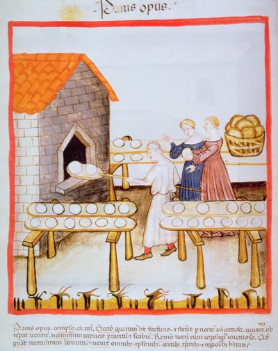 Fol.63v बेकिंग ब्राउन ब्रेड, Tacuinum Sanitatis से चित्रण द्वारा इतालवी स्कूल