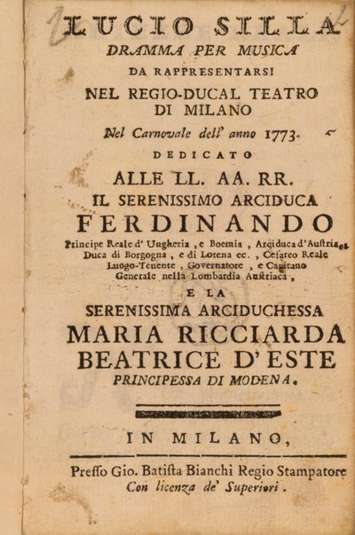 1773 में मिलान में प्रदर्शन करने वाले मोजार्ट्स लुसियो सिल्ला से फ्रंटस्पाईज द्वारा इतालवी स्कूल