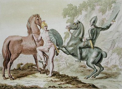 ग्रीक कैवेलरी, जूल्स फेरारियो द्वारा 'ले कॉस्ट्यूम एंसीन एट मॉडर्न' से प्लेट 44, प्रकाशित c.1820s-30s (कलर लिथो) द्वारा इतालवी स्कूल