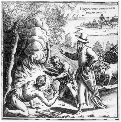 हिप्पोक्रेट्स (c.460-c.377 ई.पू.) प्लेग महामारी में छूत का महत्व बताते हुए, हिप्पोक्रेट्स ओपेरा क्वै एक्सटेंट, पब से शीर्षक पृष्ठ। 1588 में वेनेज़िया में द्वारा इतालवी स्कूल