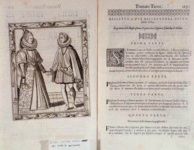 इटालियन डांसर सेसरे नेग्री नामक इल ट्रॉमबोन (1536-1604) द्वारा ली ग्रैटी डामोर (ले ग्राज़ी डेमोर) के दो डबल पृष्ठ के लिए बैले नृत्य कैसे करें, नृत्य पर संधि द्वारा इतालवी स्कूल