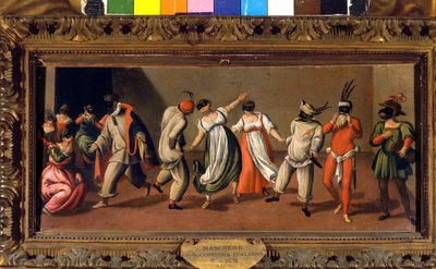 Commedia dell'Arte के इतालवी मुखौटे। अनाम १७वीं सदी का मिलान स्काला संग्रहालय द्वारा इतालवी स्कूल
