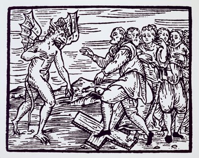 पुरुष डायन मसीह का त्याग करते हुए, Fr M Guaccius, मिलान 1608, जो इतिहास के जादू में उपयोग किया जाता है, 19 वीं सदी के उत्तरार्ध में कम्पेन्डियम मैलिटेरिकम के एक चित्रण की प्रतिलिपि। द्वारा इतालवी स्कूल