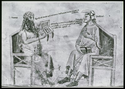 सुश्री लाट 6823 fol.2 एवरोसेस (1126-98) पोर्फिरी के साथ बातचीत में (c.232-c.305) (कलम और स्याही और कागज पर धोना) द्वारा इतालवी स्कूल