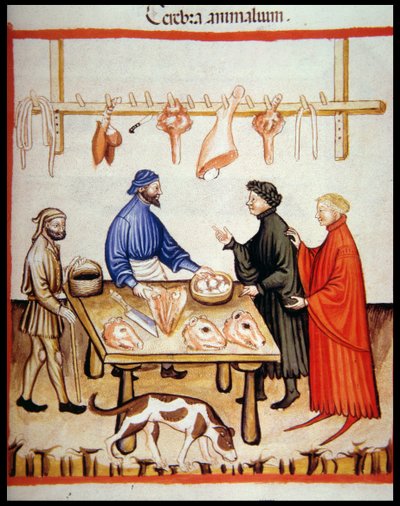 नोवा 2644 fol.77r कसाई की दुकान, Tacuinum Sanitatis कोडेक्स विन्डोबेंसिस से दिमाग की बिक्री द्वारा इतालवी स्कूल
