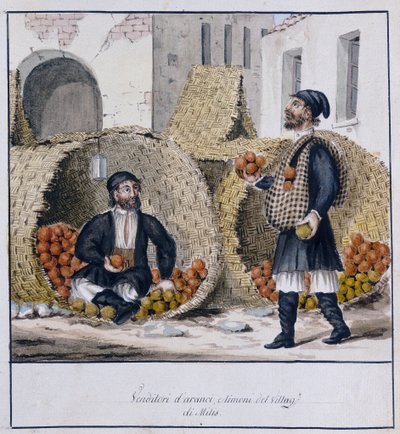 सार्डिनिया में मिलिस के नारंगी और नींबू विक्रेता, मुद्रित ms.258, लुज़ेट्टी संग्रह द्वारा इतालवी स्कूल
