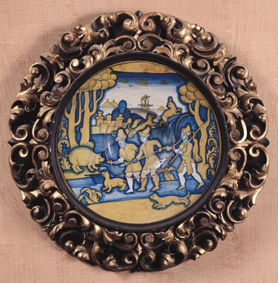 शिकार के दृश्य के साथ सजाया गया प्लेट, डेरुटा वर्कशॉप, c.1540-45 (maiolica) द्वारा इतालवी स्कूल