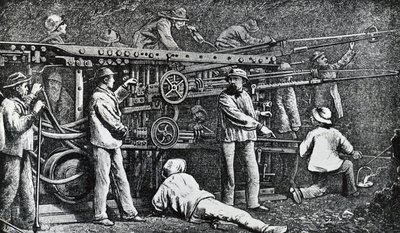 जियोवानी बतिस्ता पियाट्टी द्वारा बनाई गई वायवीय रॉक-ड्रिलिंग मशीन और जर्मनो सोमेलर (1815-1871) द्वारा सिद्ध, इटली को उकेरा गया द्वारा इतालवी स्कूल