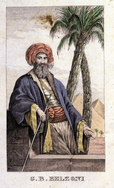 Giovanni Battista (Gianbattista) Belzoni (1778-1823), इतालवी खोजकर्ता और पुरातत्वविद् का पोर्ट्रेट, जिन्होंने मिस्र में महत्वपूर्ण पुरातत्व खोजें कीं। उत्कीर्णन - बेलज़ोनी, मिलान द्वारा "" वियागियो इन एजिटो ई इन नूबिया "" में द्वारा इतालवी स्कूल