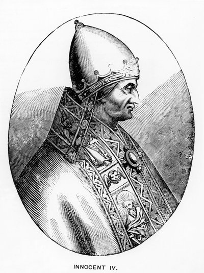 पोप इनोसेंट IV (d.1254) का चित्रण, मध्य युग और पुनर्जागरण में विज्ञान और साहित्य से चित्रण, पॉल लैक्रोइक्स द्वारा लिखित और उत्कीर्ण, 1878 द्वारा इतालवी स्कूल
