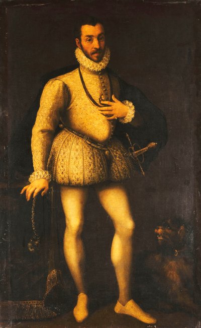 एक सज्जन की पोर्ट्रेट, पूरी लंबाई, एक कशीदाकारी सफेद जर्किन पहने हुए, एक लबादा और एक तलवार, c.1580 द्वारा इतालवी स्कूल