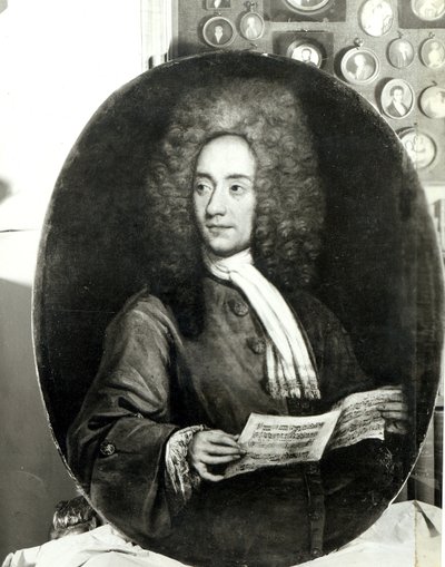 संगीतकार तोमासो जियोवन्नी अल्बोनीनी (1671-1751) का संगीत धारण करने का चित्रण द्वारा इतालवी स्कूल