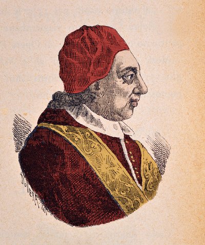 पोप बेनोइट XIV (बेनेटेटो, बेनेडिक्ट या बेनेडिक्टस) का पोर्ट्रेट (1740-1758), 1898 (बाद के रंग के साथ उत्कीर्णन) द्वारा इतालवी स्कूल