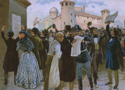 ट्यूरिन में पलाज़ो रीले से पहले 4 मार्च 1848 को जनमत संग्रह के परिणामों की घोषणा, चॉकलेट टैल्मोन के लिए 19 वीं शताब्दी के अंत में बनाए गए रिसोर्गेमेंटो के इतिहास पर एक एल्बम से चित्रण द्वारा इतालवी स्कूल