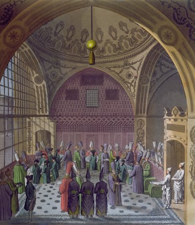 कॉन्स्टेंटिनोपल में सुल्तान के ग्रैंड विजियर द्वारा पश्चिमी राजदूतों का स्वागत, c.1820 (रंग उत्कीर्णन) द्वारा इतालवी स्कूल