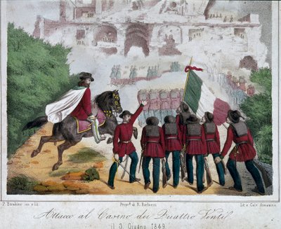 Risorgimento, रोमन गणराज्य (Repubblica romana): Giuseppe Garibaldi की सेना के सैनिक, घोड़े की पीठ पर, 03/06/1849 को रोम में क्वाट्रो वेंटी के विला को फिर से जीतने का प्रयास करते हैं। लिथोग्राफी रोम नेशनल म्यूजियम ऑफ द रिसोर्गिमेंटो द्वारा इतालवी स्कूल