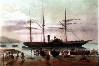 रिसोर्गिमेंटो: ग्यूसेप मिसोरी के 8/08/1860 को प्रस्थान, ग्यूसेप गैरीबाल्डी (1807-1882) की सेना के अधिकारी, मेसिना के डेट्रायट में विला सैन जियोवानी के किले की ओर। 19वीं सदी का चित्रण द्वारा इतालवी स्कूल