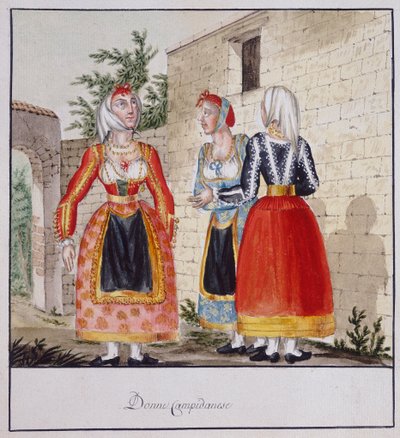 कैंपिडानो की वेशभूषा में सार्डिनियन महिलाएं, मुद्रित ms.258, लुज़ेट्टी संग्रह द्वारा इतालवी स्कूल