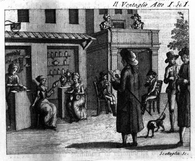 कार्लो गोल्डोनी (1707-1793) द्वारा कॉमिक पीस "" इल वेंटाग्लियो"" (द इवेंटल) (1764) के अधिनियम I का दृश्य 1। १८वीं शताब्दी की नक्काशी द्वारा इतालवी स्कूल