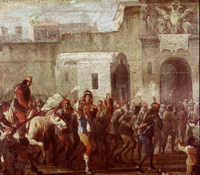 मासानिएलो के समय में चोरों की सजा का दृश्य (मसानीलो के समय चोरों की सजा) 1640-1650 नेपल्स के आसपास एक पेंटिंग का विवरण, म्यूजियो नाज़ियोनेल डि सैन मार्टिनो द्वारा इतालवी स्कूल