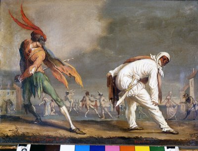 Commedia dell'Arte के इतालवी मुखौटे: कैप्टन स्पीज़ामोंटी और बगातिनो 17वीं सदी की अनाम पेंटिंग। स्काला संग्रहालय, मिलान। द्वारा इतालवी स्कूल