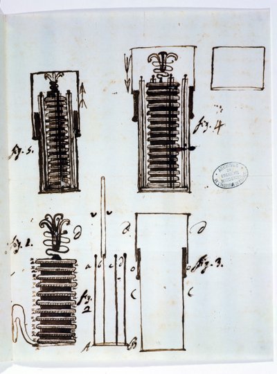 वोलेटिक ढेर (बैटरी)। गैल्वनिज़्म, 1801 पर डेसडोन डोलोमेयू (1750-1801) को एलेसेंड्रो वोल्टा (1745-1827) के पत्र से आकर्षित करना, 1801 (कागज पर कलम और स्याही) द्वारा इतालवी स्कूल