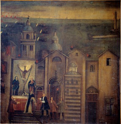 1684 में जेनोआ (कैनवास पर तेल) में फ्रांसीसी बमबारी के दौरान सांता मारिया डेल कैस्टेलो का चर्च मारा गया द्वारा इतालवी स्कूल