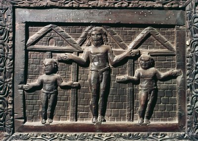 क्राइस्ट का क्रूस, सरू की लकड़ी के मुख्य प्रवेश द्वार से टाइल, सांता सबीना का बेसिलिका, रोम, लाज़ियो, इटली, 5 वीं शताब्दी द्वारा इतालवी स्कूल