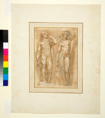 दो प्राचीन देवता, c.1600 (कलम और भूरी स्याही और भूरी धुलाई) द्वारा इतालवी स्कूल