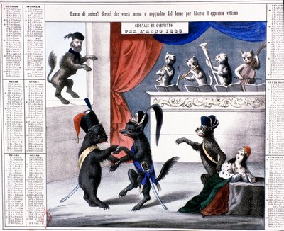 यूनाइट डी'इटली: वर्ष 1865 का अलंकारिक कैलेंडर: शेर जिएसेपे गैरीबाल्डी को चित्रित करने वाला कार्टून जिसमें फ्रांसीसी माउस और ऑस्ट्रियाई लोमड़ी पर इटली को मुक्त करने के लिए कूदने की आशंका है। संगीतकार बिल्लियाँ हैं। एपोक प्रिंट। निजी संग्रह द्वारा इतालवी स्कूल