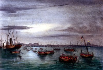 यूनाईटेड डी'इटली: ग्यूसेप गैरीबाल्डी (1807-1882) के नेतृत्व में थाउजेंड या रेड शर्ट्स का अभियान। गैरीबाल्डी सेना के पहले बेड़े का प्रस्थान सिसिली में मेसिना के प्रकाशस्तंभ से कैलाब्रिया की ओर। 1860 19वीं सदी का लिथोग्राफ द्वारा इतालवी स्कूल