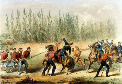 यूनाईटेड डी'इटली: ग्यूसेप गैरीबाल्डी (1807-1882) के नेतृत्व में हजार या लाल शर्ट का अभियान गैरीबाल्डी ने मिलाज़ो की लड़ाई में नियति घुड़सवार सेना के एक कप्तान को मार डाला। सिसिली 19वीं सदी की लिथोग्राफी द्वारा इतालवी स्कूल