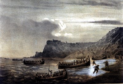 यूनाइट ऑफ़ इटली: जिएसेपे गैरीबाल्डी (1807-1882) के नेतृत्व में थाउजेंड या रेड शर्ट्स का अभियान। फोर्ट स्टेला में गैरीबाल्डियन के पहले बेड़े का कैलाब्रिया की ओर प्रस्थान। 19वीं सदी का लिथोग्राफ द्वारा इतालवी स्कूल